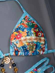 Floral & Plaid Print Halter Tie Front Bikini Set Vacation - Multicolor - View 5