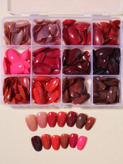 288 Pieces (12 Mixed Colors) Of Short Oval Nude, Brown And Red Nail Stickers, Short Acrylic Nail Stickers, Full Coverage Fake Nails Stickers, With Storage Box, Suitable For Women And Girls For Daily And Party Use, Nail Care Products