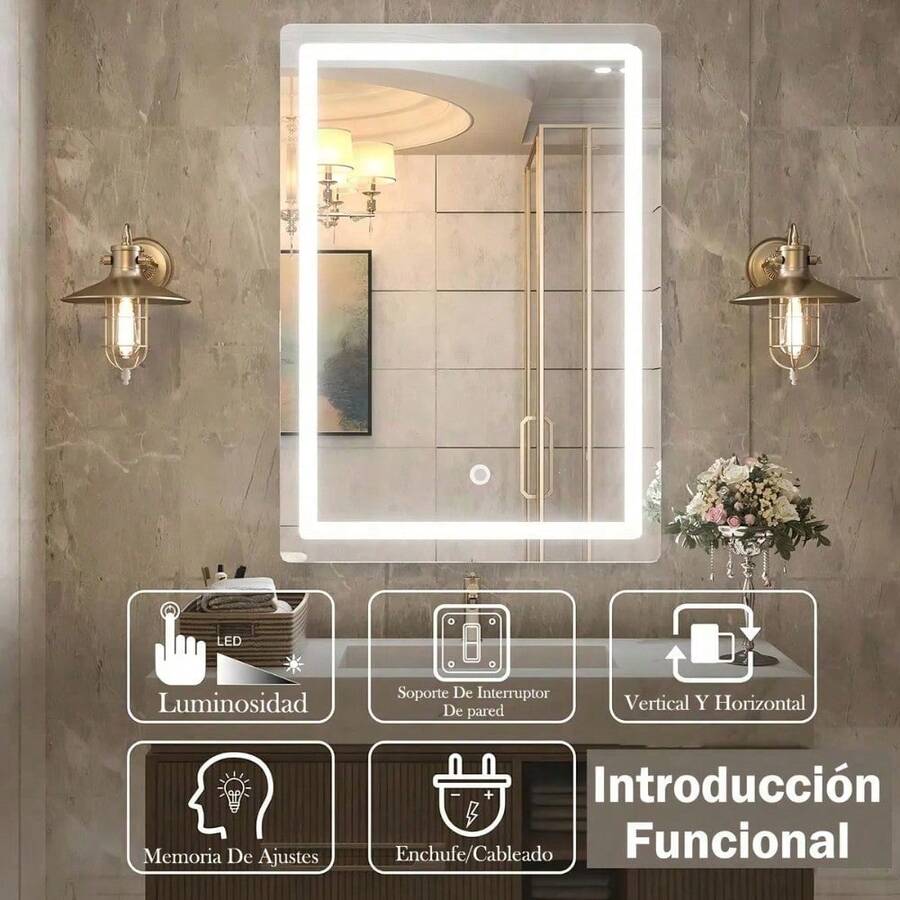 Espejo Rectangular Con Luz Led 50 X 70 Cm 3 Tonos De Luz Fría Neutra Cálida Atenuable Para Baño O Tocador Interruptor Táctil Montaje Vertical + Ganchos Transparentes 6pzs + Toallas 4pzs - Negro - Ver 1