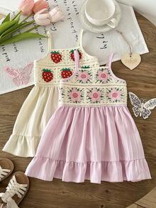 2pcs Girls' Spaghetti Strap Dress Set, Handmade Crochet Patchwork With Natural Vertical Striped Fabric, A-Line Skirt With Ruffle Hem, Lightweight And Breezy, Delicate And Sweet Style Suitable For Girls On Vacation Or Daily Wear - Multicolor - View 5