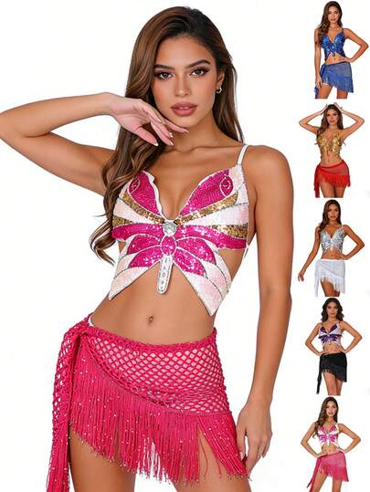 Conjunto de lentejuelas con diseño de mariposa para festivales rave, bufanda con flecos dinámicos para la cadera y sujetador con recortes para fiestas de baile (disponible en varios colores)