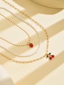 3pcs/Set Cute Enamel Strawberry & Cherry Pendant Necklace, Handmade Beaded Multi-Layer Choker Necklace For Women, Suitable For Daily Wear, Beach, Party, Date, Music Festival - Multicolor - View 3