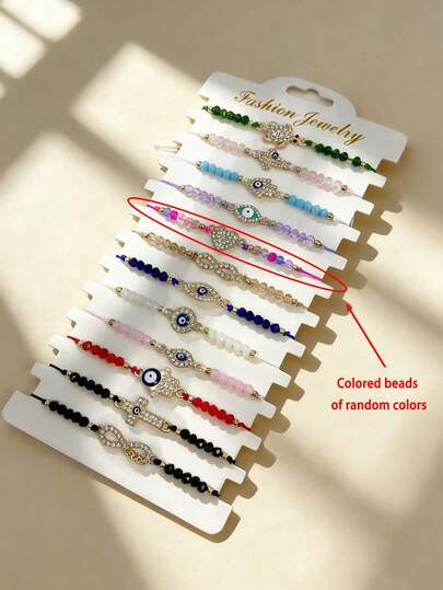 1 Set de pulsera ajustable hecha a mano con colgante de ojo del diablo y corazón, joyería delicada de ojo del diablo de cristal, pulsera minimalista apilable, pulsera de con estética Y2K, pulsera de cordón de cera impermeable apta para la playa y el uso diario, pulsera bonita y elegante, pulsera de estilo bohemio para festival, set de pulseras apilables multifuncionales para el verano