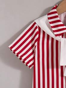 2pcs/Set Boys' Casual Striped Print Decorated Patch Collar Short Sleeve Top And Solid Color Decorated Shorts Outfit, Spring/Summer - Red - View 6