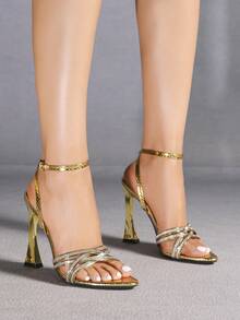 Jin Bei Qi 女士高跟鞋，圆头，纯色蛇纹图案，多条镶钻绑带，踝带带扣，露趾，户外派对精致高跟凉鞋，细高跟，不对称鞋跟，时尚优雅奢华派对宴会浪漫闪亮金色高跟鞋 - 金色 - 查看 2