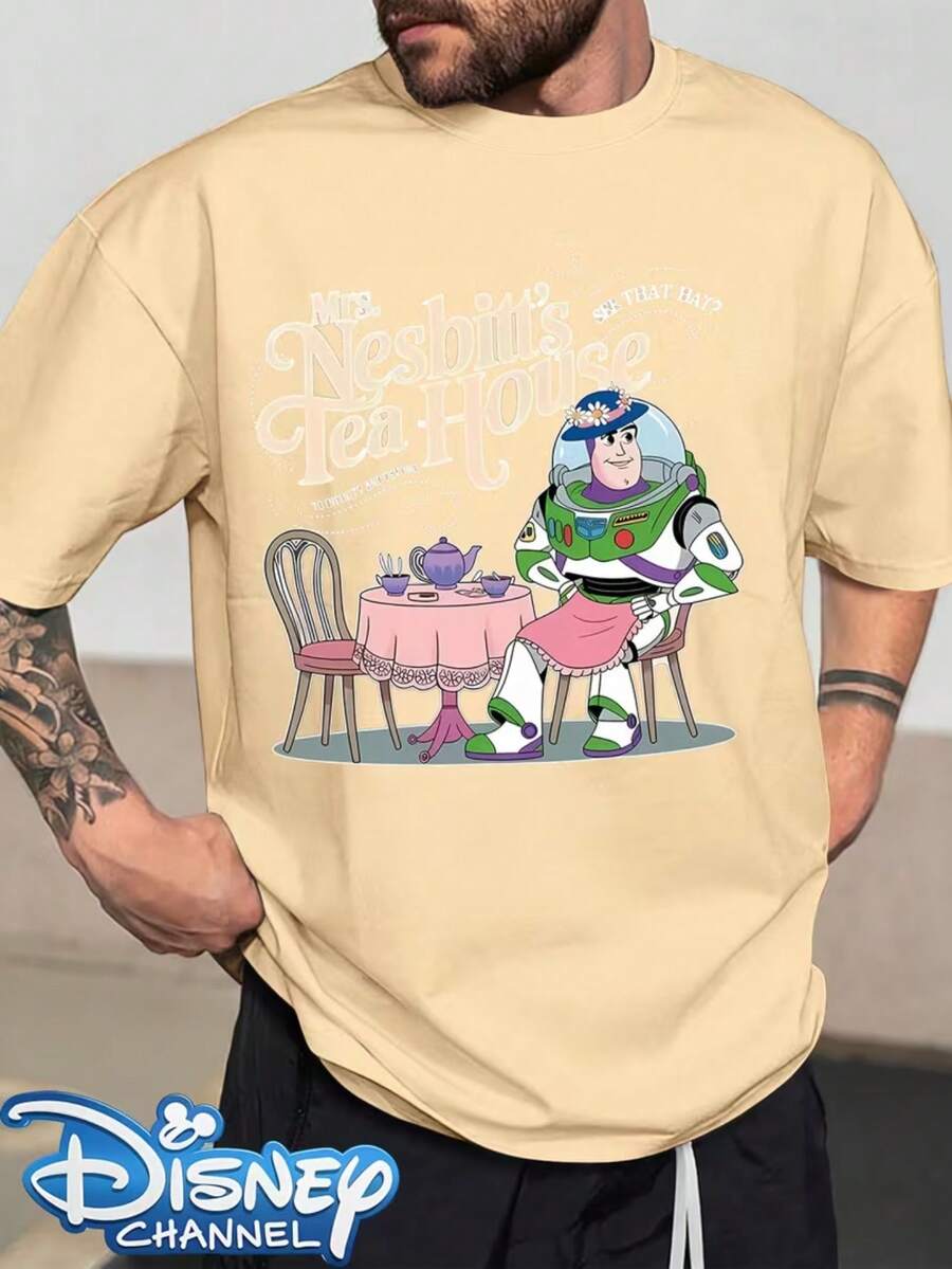 Disney Buzz Lightyear Dress-Up Lady Nesbitt Tea House Is Fun And Cute. Printed Men's T-Shirts Are Simple And Versatile In Fashion Design, And They Sell Well In Men's Twill T-Shirts With Round Neck Design+Wrapped Summer Casual Men's T-Shirts. - Apricot - View 1