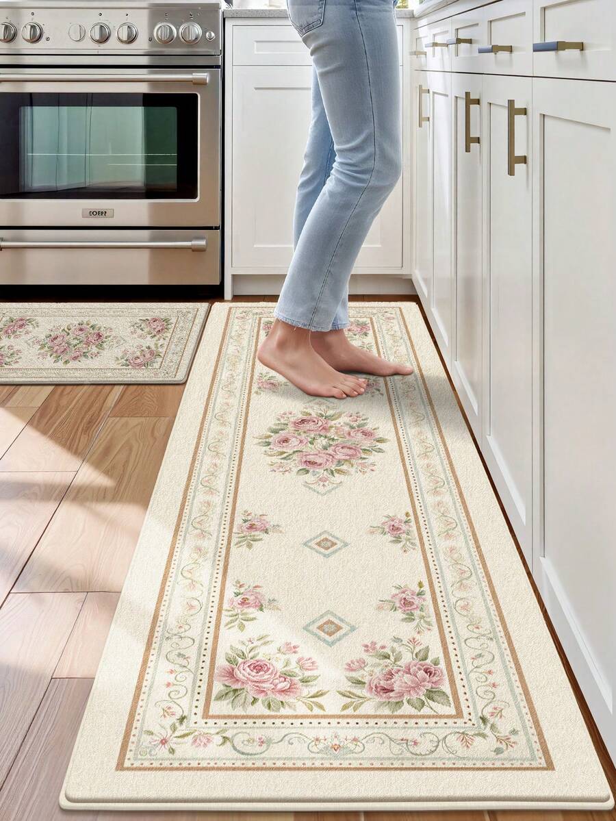 DAJIANG 1 pieza Alfombra de cocina larga con patrón floral europeo, apta para baño, cocina, exterior, interior, pasillo, dormitorio, sala de estar, accesorio de cocina lavable