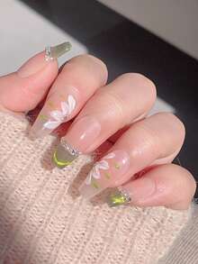 10片长棺材形绿色猫眼水晶手工美甲贴纸，扎染腮红渐变色，精致别致，清新春夏 - 綠色 - 查看 6