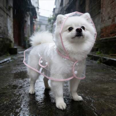 可爱透明EVA小型犬雨衣 - 粉色滚边连帽斗篷式，防风防水速干，隐藏式牵引绳孔，可调节腹带，防滑帽兜，活动自如，适合雨天户外散步