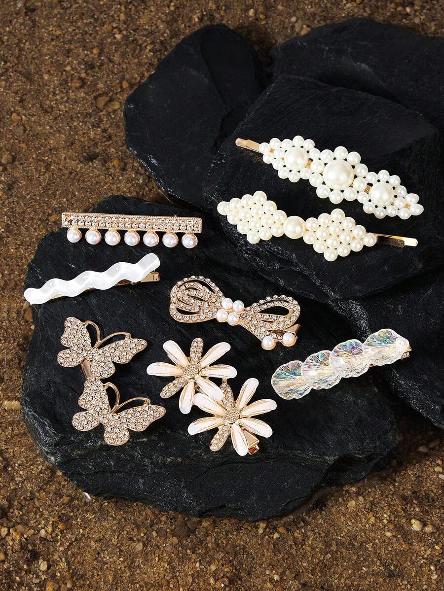Opalesca Set de 8 piezas de Pinzas para el cabello con perlas y rhinestones vintage, accesorios elegantes para el cabello de mujer, pinzas doradas, pasadores para el cabello, adecuados para uso casual, set de accesorios de otoño, decoración para el cabello, accesorios de mujer, de vuelta a la escuela, decoración de Halloween, looks de fiesta, pinzas de mariposa, accesorios para la cabeza - Multicolor - Ver 1