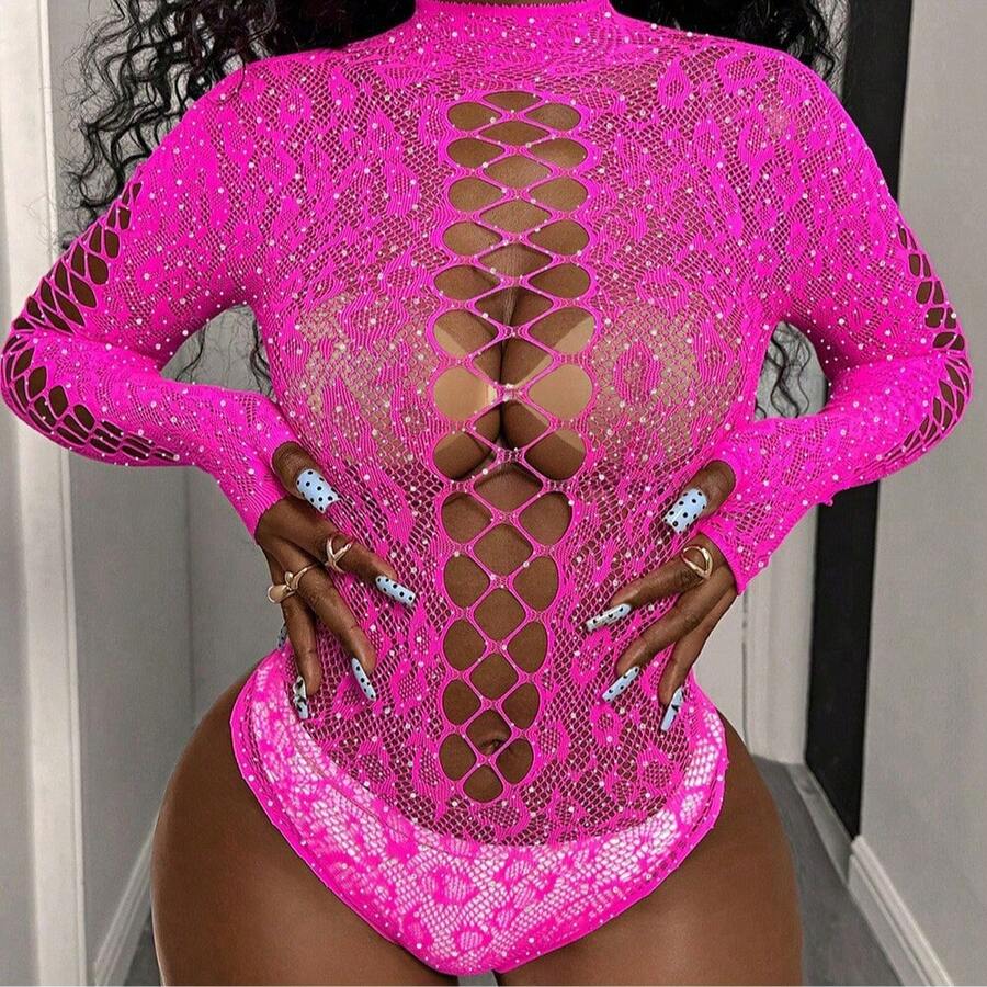 1pc Sexy Floral Lace Bodystocking Lingerie - Hot Pink - View 1