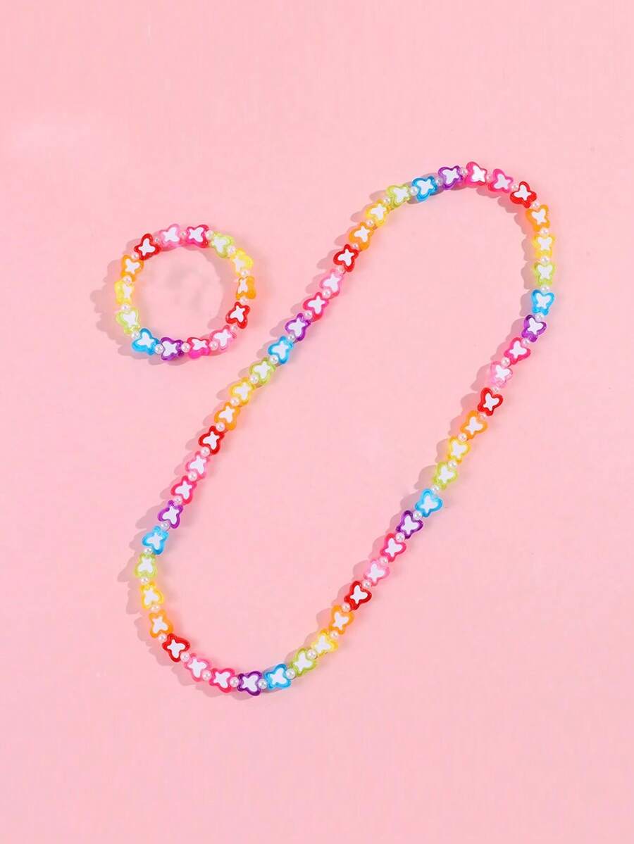 2pcs Girls Butterfly & Flower Beaded Necklace And Bracelet Jewelry Set, Suitable For Children's Daily Wear, Party And Gift - one-size - View 1