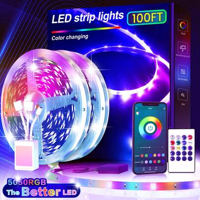 100FT LED Strip Lights (2 Rolls Of 50ft), Bluetooth App Control, RGB Color Changing With 24-Key Remote, Music Sync LED Lights For Bedroom Home Party Festival Decor