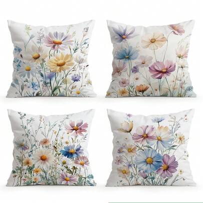 4件套春季水彩花卉图案抱枕套 - 蜜桃绒枕套，装饰抱枕套，适用于客厅、沙发、卧室，不含枕芯