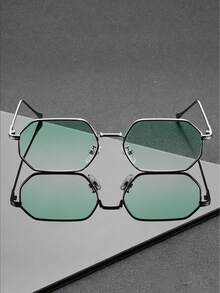 1 Pair Modern Elegant Unisex Silver & Green Color Block Thin Metal Small Frame Lightweight Glasses, Daily Commute Street Style Essential - Ombre - View 2