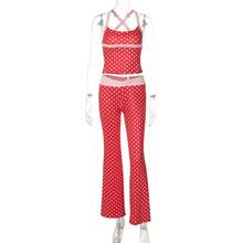 Women's Fashion Sexy Polki Dot Printed Suspender Top Waist-Length Hip-Lifting Trousers Sports Suit Two-Piece Set - 紅色 - 查看 7