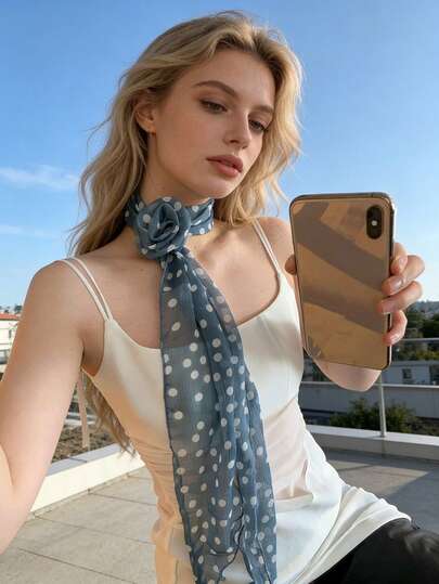 Lightweight Polka Dot Chiffon Scarf With Rose Flower Decor, Suitable For Daily Wear, Parties, Dresses, T-Shirts