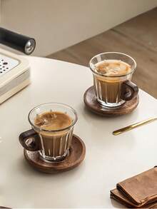 1pc/Set Walnut Wood Coffee Cup & Saucer, Minimalist Wabi-Sabi Style Walnut Wood Handle Cup Mat Glass Coffee Cup & Saucer, High-Quality Elegant Household Dining Room Cup & Saucer - Multicolor - View 1