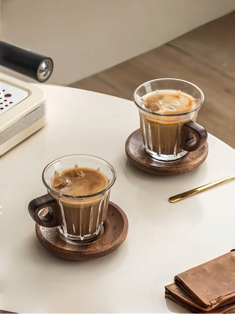 1pc/Set Walnut Wood Coffee Cup & Saucer, Minimalist Wabi-Sabi Style Walnut Wood Handle Cup Mat Glass Coffee Cup & Saucer, High-Quality Elegant Household Dining Room Cup & Saucer - Multicolor - View 1