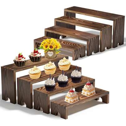 2-Piece Set, Totaling 8 Wooden Tiered Display Racks, Suitable For Vendor Events, Stackable Perfume Storage Racks, Unisex, Wooden Cupcake And Dessert Stands, Wooden Dessert Table Display Set, Display Racks For Parties