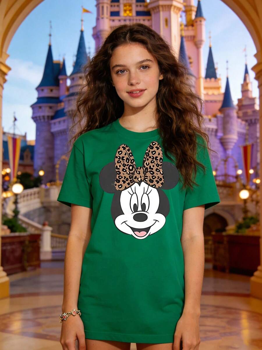Disney Authorized Women's Casual Short Sleeve T-Shirt,  Leopard Bow Print, Sweet & Cool Girl Style, Breathable Comfortable Fabric, Machine Washable, All-Match For Multiple Scenarios - 綠色 - 查看 1