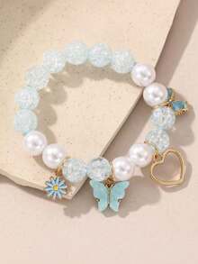 Sweet Style Glass Bead Bracelet With Heart, Flower, Butterfly Pendants, Handmade, Suitable For Daily Wear, Teenage Girls - Butterfly Style - View 3
