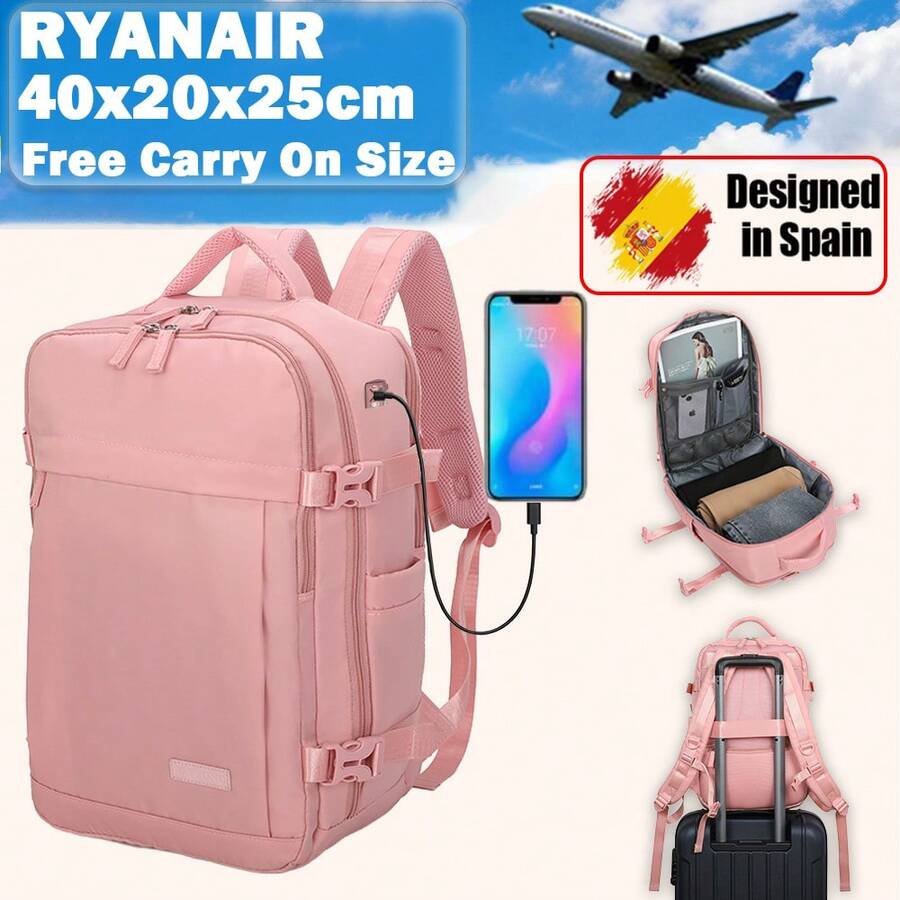 瑞安航空登机背包 40x20x25厘米（20升）| 防水旅行背包，可装14英寸笔记本电脑，带线缆孔 | 耐用登机行李包 | 多功能 | 黑色/海军蓝/粉色/米色/紫色，书包 - 粉色 - 查看 1