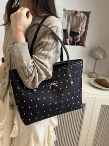 Tas Tote Kasual Kapasitas Besar Motif Berlian Warna Solid dengan Pita, Model Baru 2025, Tas Tangan Fashion Minimalis - Hitam - View 4