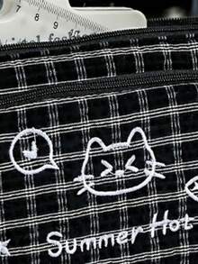 1个大容量格子猫咪刺绣铅笔盒|多功能涤纶文具包，旅行化妆品收纳包，办公学习用品的理想之选 - 彩色 - 查看 10