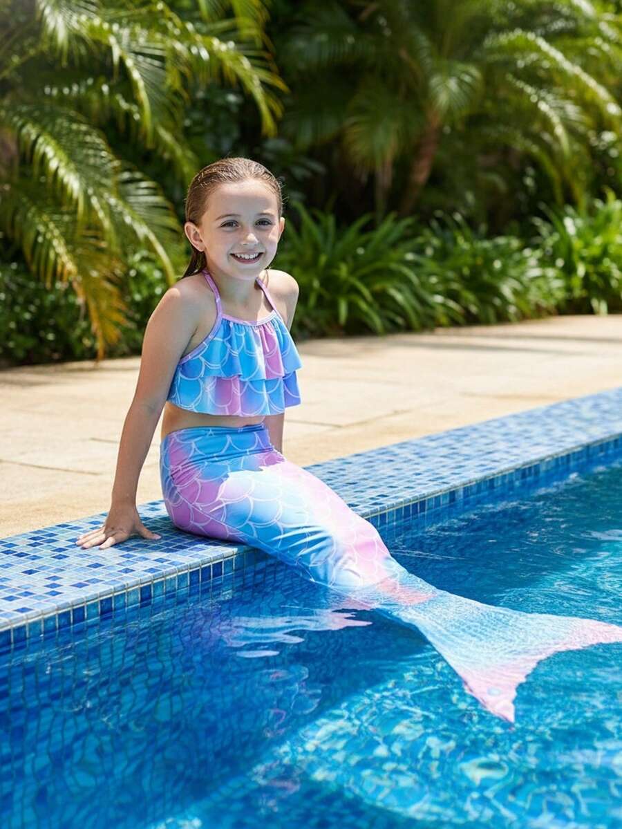 Children Girls Tankini Swimsuit 3 Piece Mermaid Bathing Suit Kids Ruffle Top With Shorts Fish Tail Bikini Set Swimwear 1-14Y - A - 查看 1