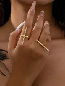 2pcs Stainless Steel 18K Gold Plated Elegant Line Design Ring Set, Suitable For Women's Daily And Holiday Wear - Multicolor - View 7