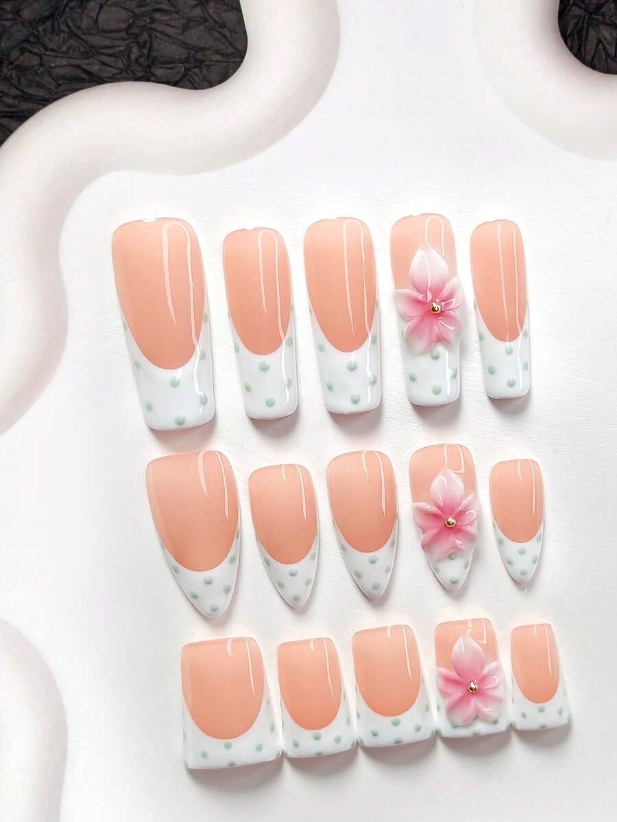 10件裝清新風手工穿戴甲,Polygel美甲套組,漸層花卉設計,法式、綠色波點、綠色、白色、粉色指甲油,夏季風格,附美甲工具,3種尺寸可選,杏仁形、鴨嘴形、棺材形,適合派對、跳舞、日常配戴 - 彩色 - 查看 1