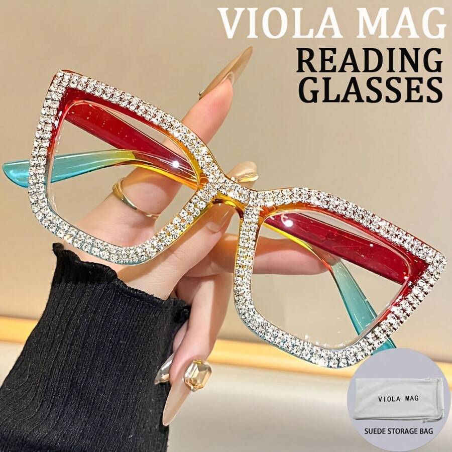 Fashion Large Frame Diamond-Studded High-End Cat Eye High-Strength PC Frame  Light Anti-Fatigue Reading Glasses, Suitable For Reading, Office, - C3 - View 1