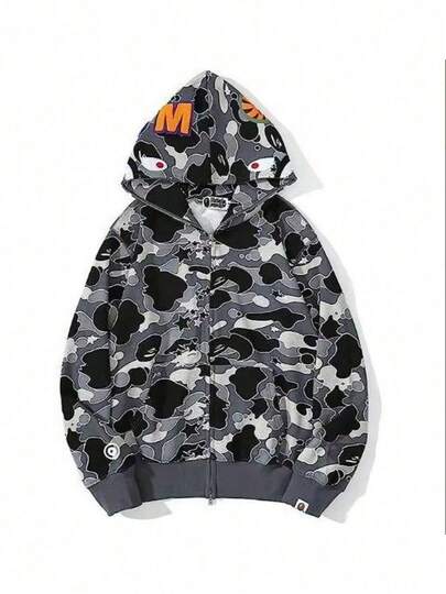 Men 's Shark Hoodie,Cotton Material Shark Jaw Jacket Ape Camo ​Full Zip Jacket Up