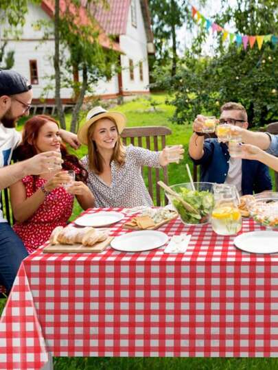 1 pieza Mantel de plástico desechable a cuadros rojos, mantel decorativo adecuado para picnic, granja, boda, fiesta de cumpleaños, decoración de mesa