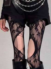 1双Y2K朋克哥特风渔网袜，不对称做旧设计，酒红色/黑色，朋克风性感过膝蕾丝袜 - 彩色 - 查看 13