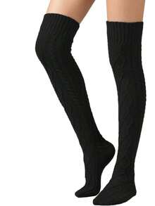 Women's Cable Knit Thigh High Socks Extra Long Winter Socks, Cozy SIFH - Black - View 5