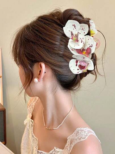 1Pc Simulation Phalaenopsis Hair Claw, Korean Style Soft Elegant Updo, Spring Summer Vacation Hair Accessory Summer Beach Claw Clips Vacay Flower Hair Clips