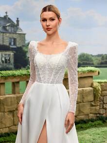 Đầm cưới thanh lịch dành cho nữ với ren tương phản, cổ vuông, tay áo loe và trang trí sequin, màu trắng mùa xuân. - trắng - Xem 8