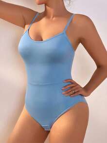 Body modellante senza cuciture per donna, body contenitivo con spalline regolabili, controllo addominale e lisciante sulla schiena - Blu - Visualizzare 4