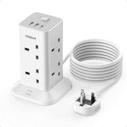  Tower Extension Lead 3M With USB C Slots, TESSAN 8 Way Multi Plug Extension Socket Tower, 1700J Surge Protected Power Strip With Switch, Long Extension Cable Plug Tower For Home, Office, School Supplies