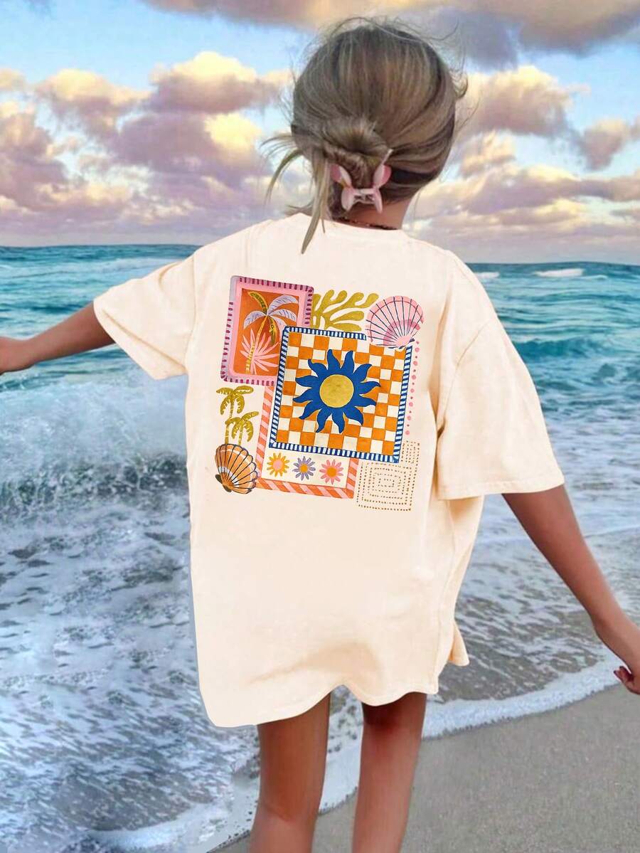 Tween Girls Casual Printed Round Neck Short Sleeve T-Shirt, Summer Top - Apricot - View 1