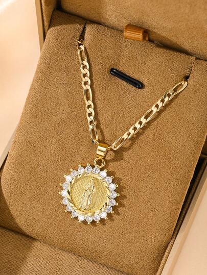 1pc Classic European & American Style Copper Inlaid Zirconia Virgin Mary Guadalupe Pendant Necklace, Limited Edition, Suitable For Christmas/Thanksgiving/Halloween/Mother's Day/Valentine's Day Gifts, Catholic First Communion, Daily & Holiday Wear, Prayer