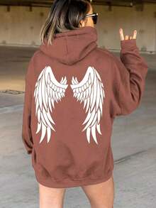 Plus Size - Plus Size Casual Hoodie With Printed Design On The Back - Black - View 5