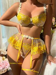 Conjunto de 5 piezas de ropa interior de encaje disolvente en agua y sexy para salir - Amarillo - Ver 3