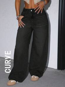Celana Jeans Wanita Ukuran Besar Kasual Longgar Model Lurus dengan Kantong, Warna Hitam Musim Semi - Hitam - View 5