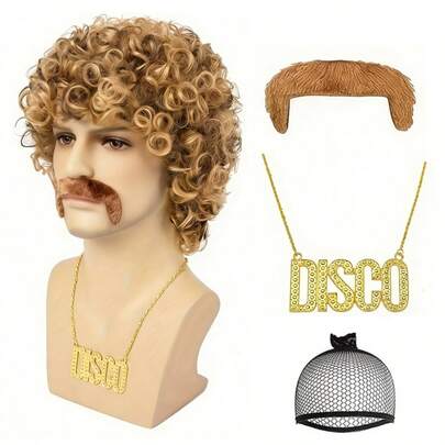 5pcs/Set Halloween Costume Wig - 70s 80s Disco Hippie Afro Wig, Wig, Glasses, Peace Necklace, Suitable For Halloween, Christmas Party, Cosplay, Daily Wear