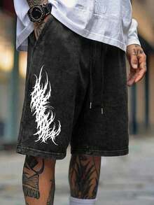 "Vintage Poster"Men's Summer Washed And Distressed Casual Shorts - Black - View 2