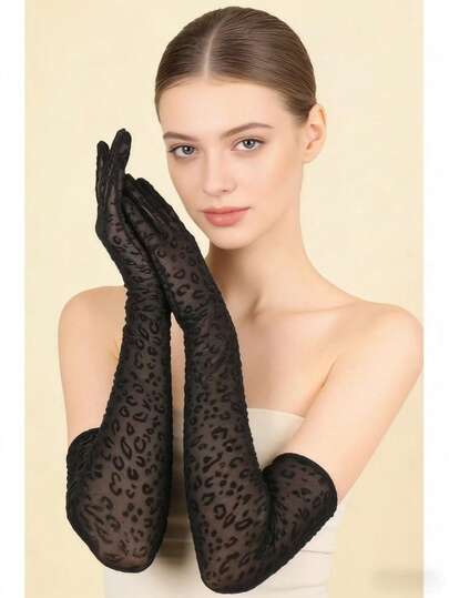 1 Pair Black Elastic Leopard Print Sheer Long Gloves, Sexy & Thin Summer Driving Sun Protection Gloves For Women