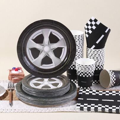 10pcs/20pcs/50pcs Black & White Racing Party Supplies, Racing Tableware Set, Checkered Racing Theme Birthday Tableware, 7" And 9" Paper Plates, Napkins And Cups Suitable For Racing Theme Party Decorations, Racing Sports Birthday Supplies